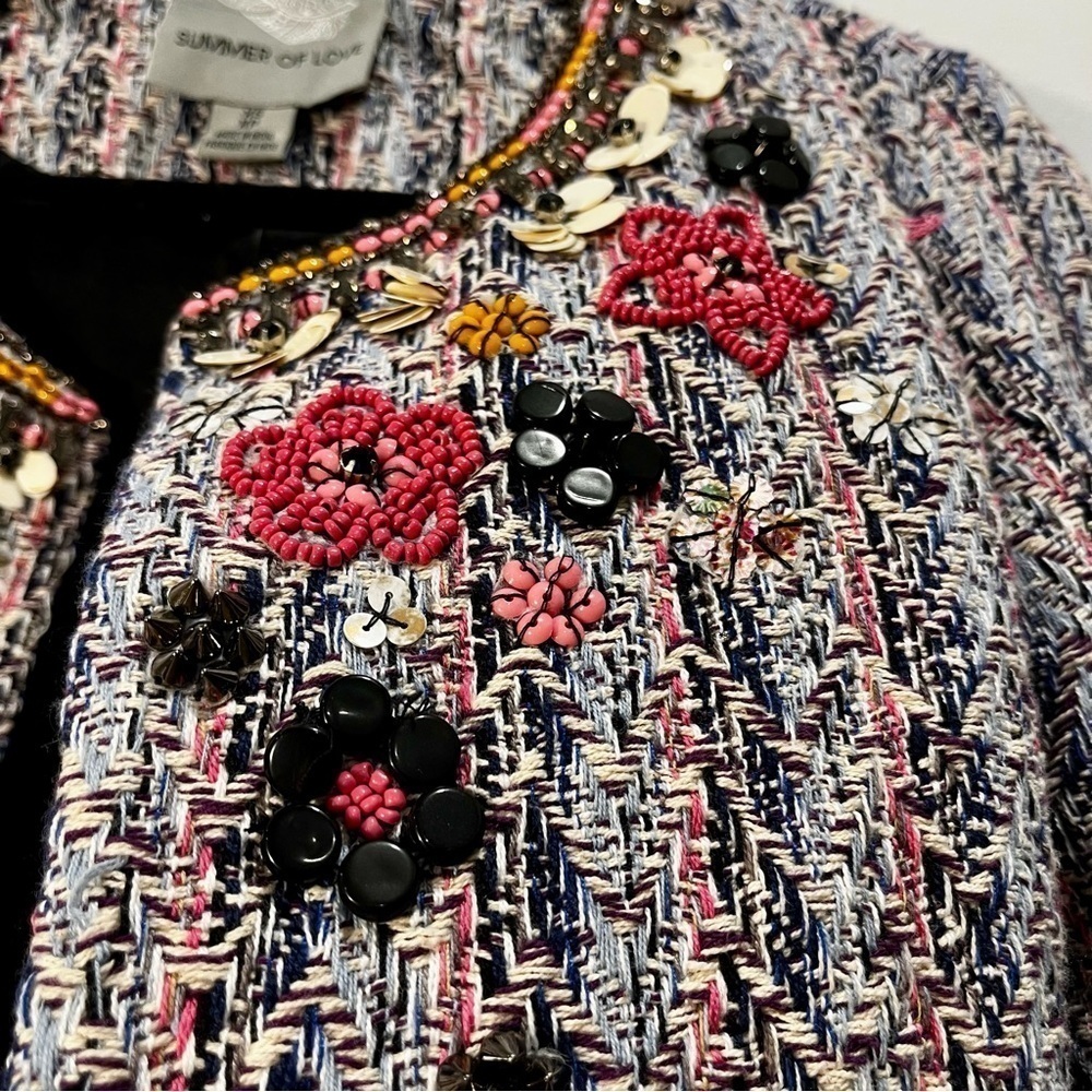 NEW Anthropologie Summer Love Suzy Embellished Beaded Pink Tweed Blazer Jacket - Picture 8 of 11
